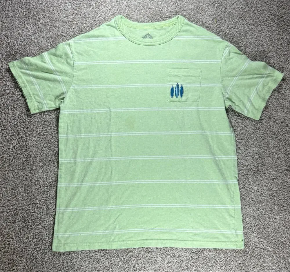 There Abouts Boys Green Striped Pocket T-Shirt Surf Graphic Youth XL (18/20)